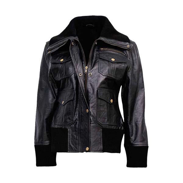 Women's Thunderstrike Black Genuine Leather Bomber Jacket