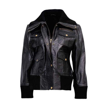 Women's Thunderstrike Black Genuine Leather Bomber Jacket