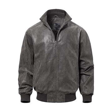 Men's Stand Up Collar Genuine Leather Bomber Jacket