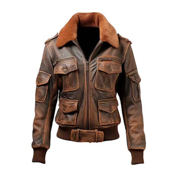 Women's Distressed Brown Air Flight Genuine Leather Bomber Jacket
