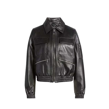 Women's Classic Black Genuine Leather Bomber Jacket
