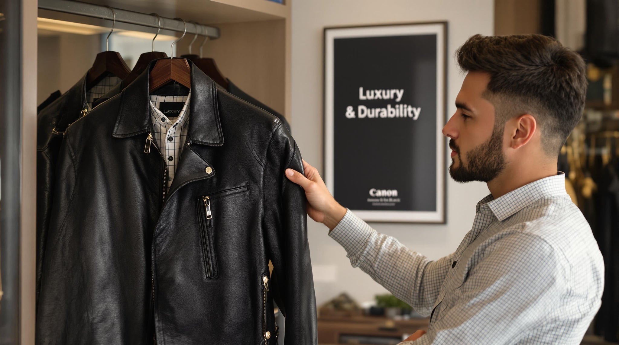 Person inspecting luxury leather jacket on hanger with 'Luxury & Durability' poster