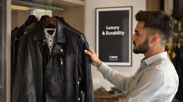 Person inspecting luxury leather jacket on hanger with 'Luxury & Durability' poster