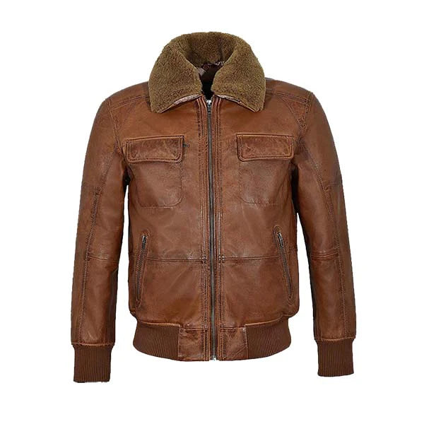 Men’s Designer Shearling Collar Leather Bomber Jacket