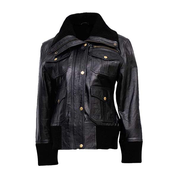 Women's Thunderstrike Black Genuine Leather Bomber Jacket