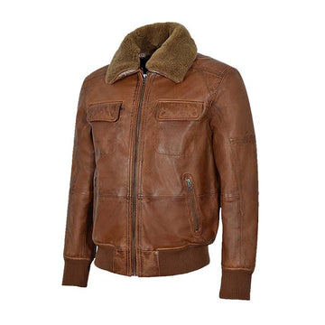 Men’s Designer Shearling Collar Leather Bomber Jacket
