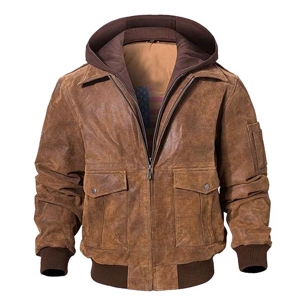Men's Air Flight Genuine Leather Hooded Bomber Jacket
