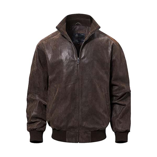 Men’s Stand Up Collar Leather Bomber Jacket