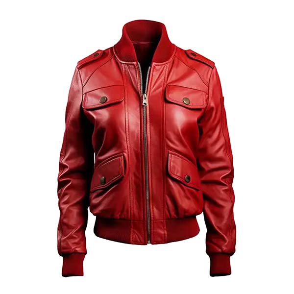 Women's Commander Red Leather Bomber Jacket