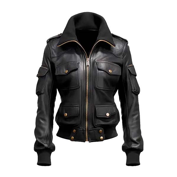 Women's Galactic Black Genuine Leather Bomber Jacket
