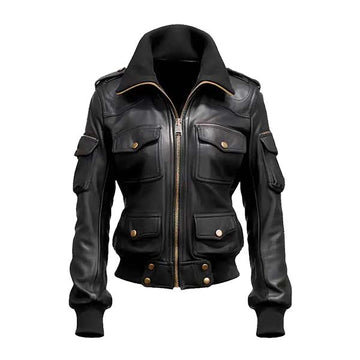 Women's Galactic Black Genuine Leather Bomber Jacket