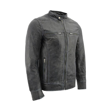 Men’s Cafe Racer Snap Collar Zip-Up Moto Leather Jacket