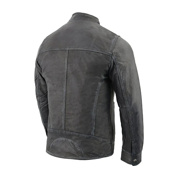 Men’s Cafe Racer Snap Collar Zip-Up Moto Leather Jacket
