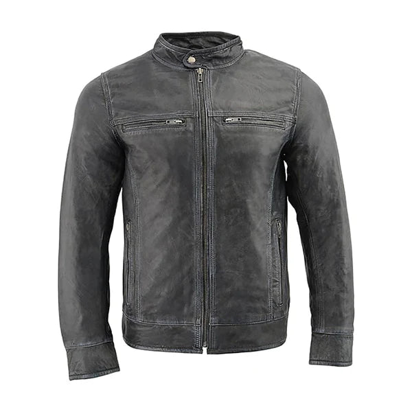 Men’s Cafe Racer Snap Collar Zip-Up Moto Leather Jacket