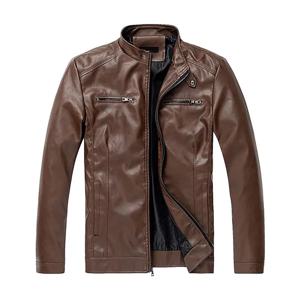 Men’s Snap Collar Zip-Up Real Leather Jacket
