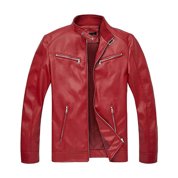 Men’s Red Zip-Up Fashion Biker Leather Jacket