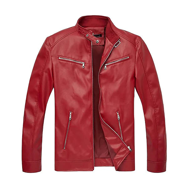 Men’s Red Zip-Up Fashion Biker Leather Jacket