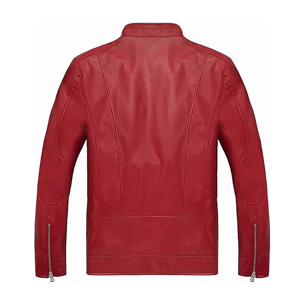 Men’s Red Zip-Up Fashion Biker Leather Jacket