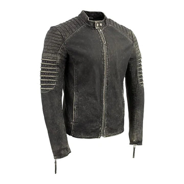Men's Shoulder Padded Distressed Moto Leather Jacket