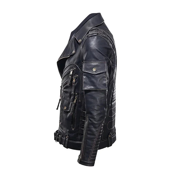 Men’s Multi‑Pocket Moto Leather Jacket