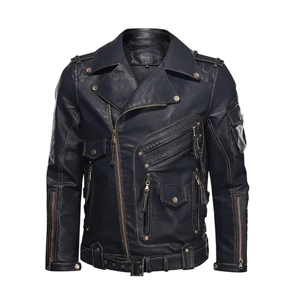 Men’s Multi‑Pocket Moto Leather Jacket