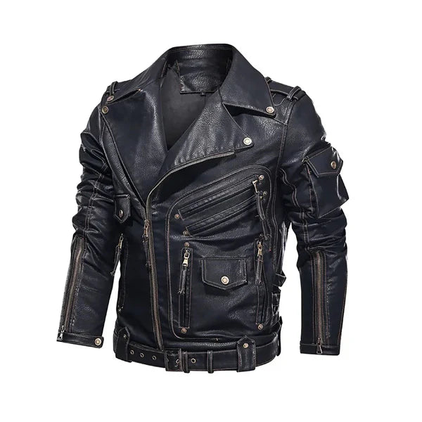 Men’s Multi‑Pocket Moto Leather Jacket