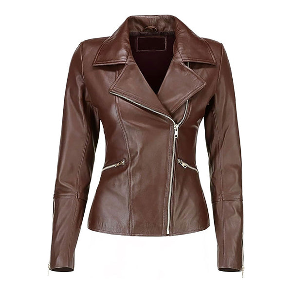 Women's Fashion Asymmetrical Zip Up Original Leather Jacket