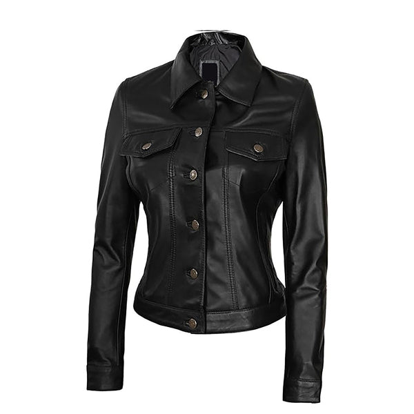 Women's Classic Moto Button Up Genuine Leather Jacket