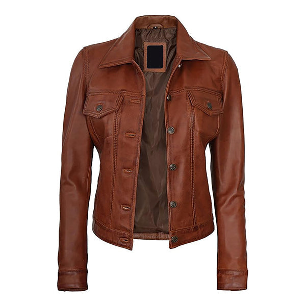 Women's Classic Moto Button Up Genuine Leather Jacket