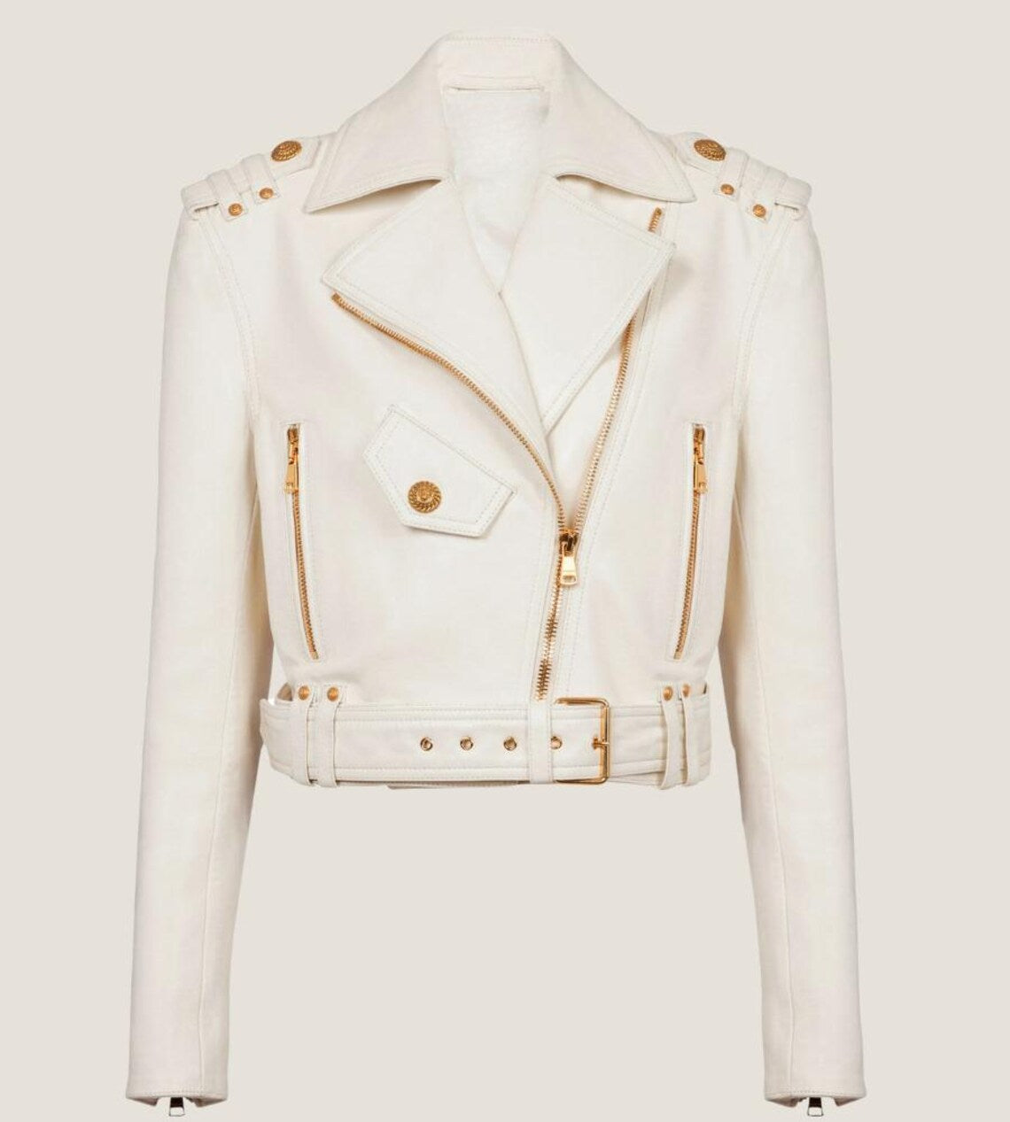 White Cropped Leather Biker Jacket