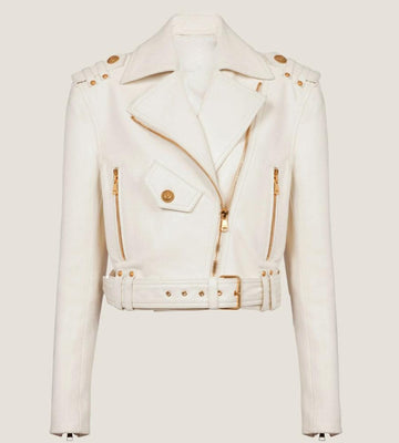 White Cropped Leather Biker Jacket