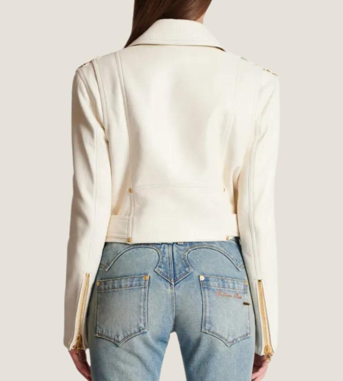 White Cropped Leather Biker Jacket